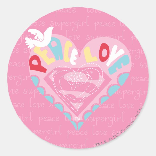 Supergirl Peace and Love Pink Classic Round Sticker (Front)