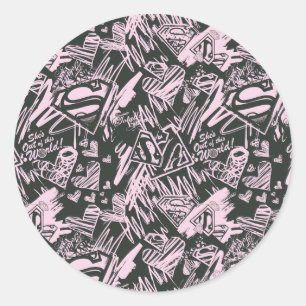 Supergirl Pink and Black Scribbles Classic Round Sticker