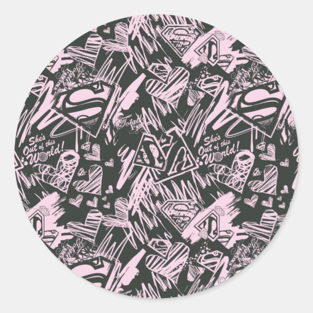 Supergirl Pink and Black Scribbles Classic Round Sticker (Front)