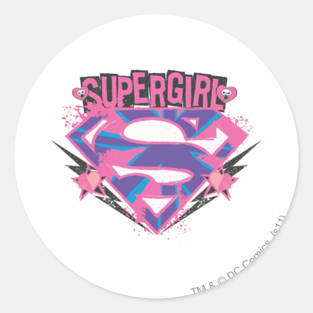 Supergirl Pink and Purple Grunge Logo Classic Round Sticker (Front)