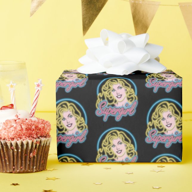 Supergirl Retro Neon Lights Graphic Wrapping Paper (Birthday Party)