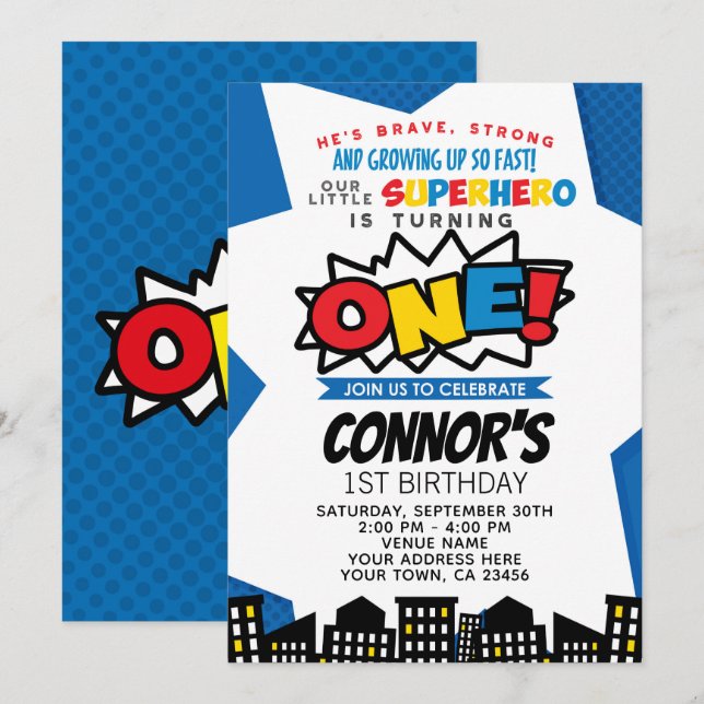 Superhero 1st Birthday Invitation (Front/Back)