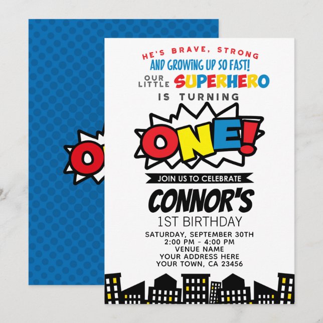 Superhero 1st Birthday Invitation (Front/Back)
