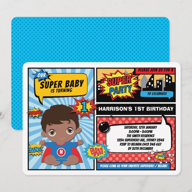 Superhero 1st Birthday Party / African American Invitation (Front/Back)
