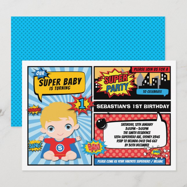 Superhero 1st Birthday Party Comics / Blond Hair Invitation (Front/Back)