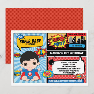 Superhero 1st Birthday Party Comics Superheroes Invitation