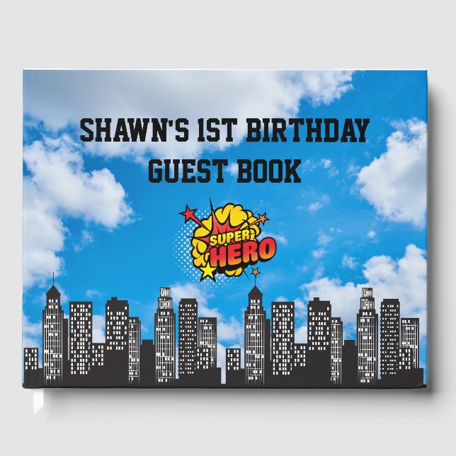 Superhero 1st Birthday Party Guest Book (Front)