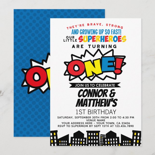 Superhero 1st Birthday Twins Invitation (Front/Back)