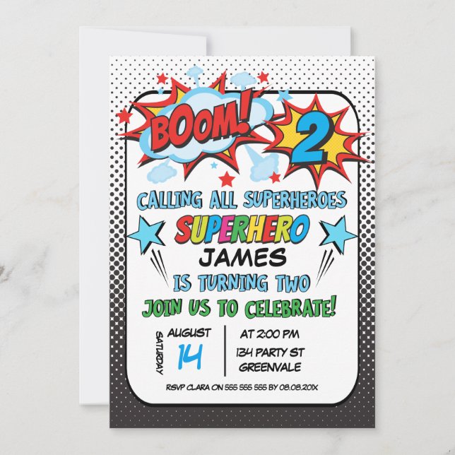 Superhero 2nd birthday Party Invitation (Front)