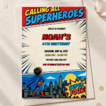 Superhero 4th Birthday Invitation, Superhero