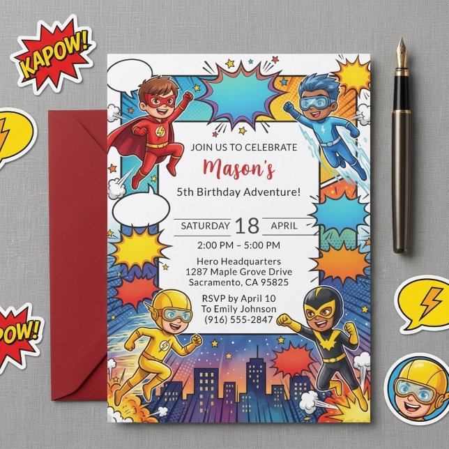 Superhero 5th Birthday Invitation Comic Book Party (Creator Uploaded)