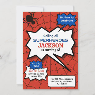 Superhero 5th birthday kids spider red black invitation