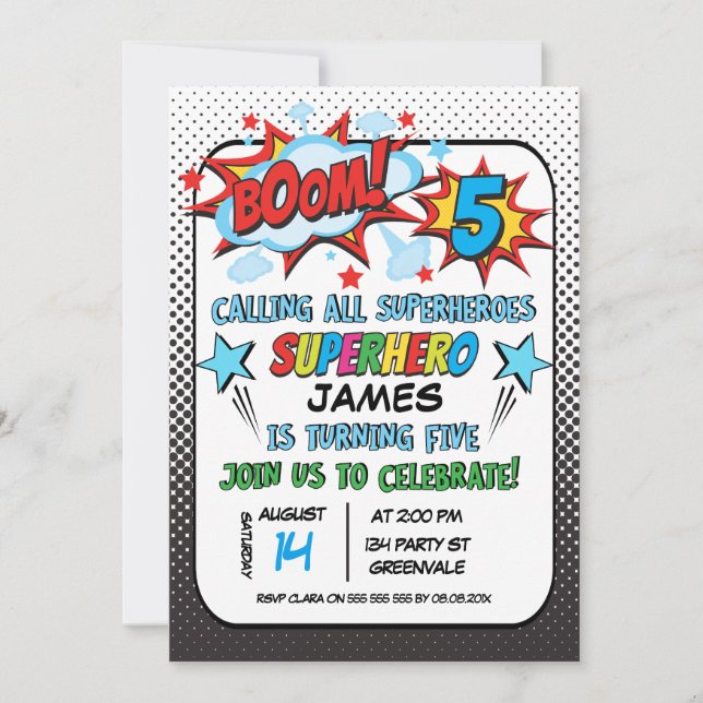 Superhero 5th birthday Party Invitation (Front)