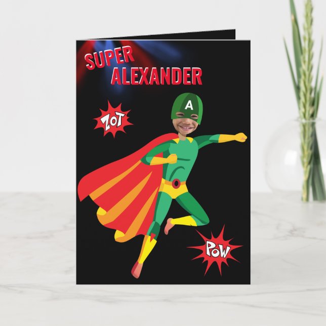 Superhero Amazing Green Flying Boy Fab Birthday Card (Front)