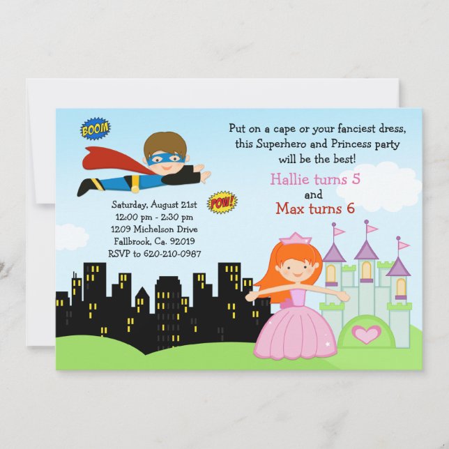 Superhero and Princess Birthday Party Invitation (Front)