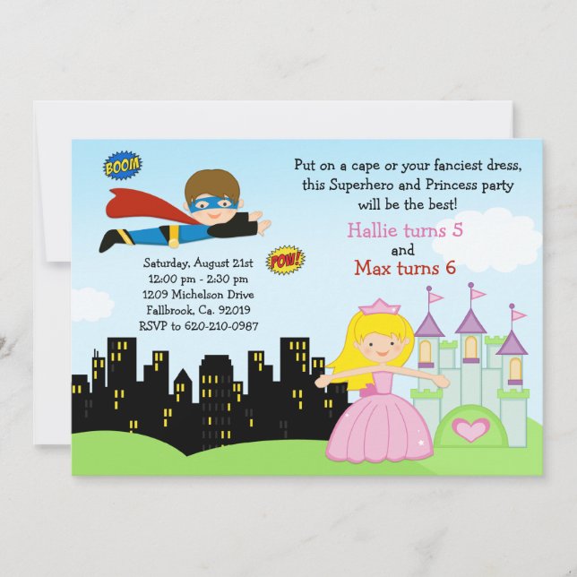 Superhero and Princess Birthday Party Invitation (Front)