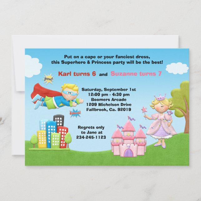 Superhero and Princess Birthday Party Invitation (Front)