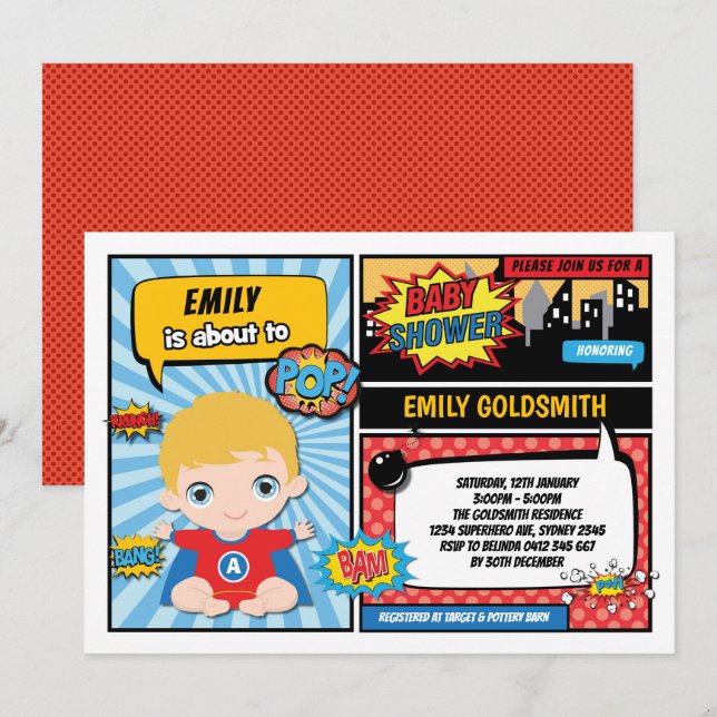 Superhero Baby Boy Shower / Comic Book Blond Hair Invitation (Front/Back)