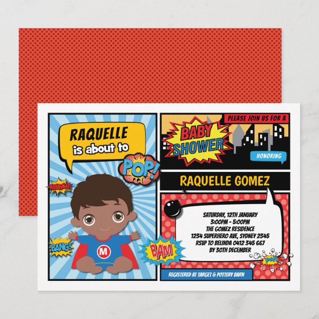 Superhero Baby Boy Shower / Comic Book Superheroes Invitation (Front/Back)