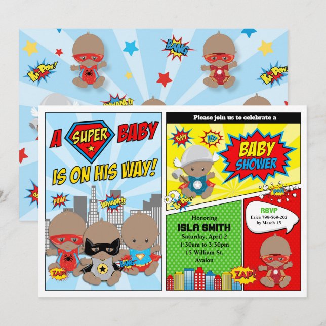 Superhero Baby Shower Invitation Boy Dark Skin (Front/Back)