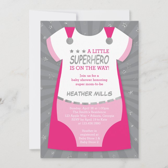 Superhero Baby Shower Invitation, Pink, Silver Inv Invitation (Front)