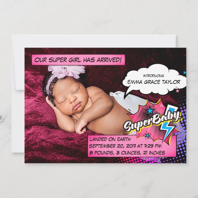 Superhero birth announcement card, SuperBABY pink (Front)