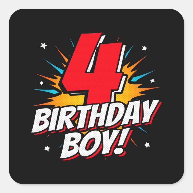 Superhero Birthday Boy - 4 Year Old - 4th Birthday Square Sticker (Front)