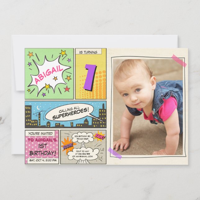 superhero birthday invitation Cartoon Vintage Girl (Front)