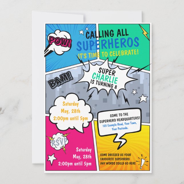 Superhero Birthday Invitation Comic Style (Front)