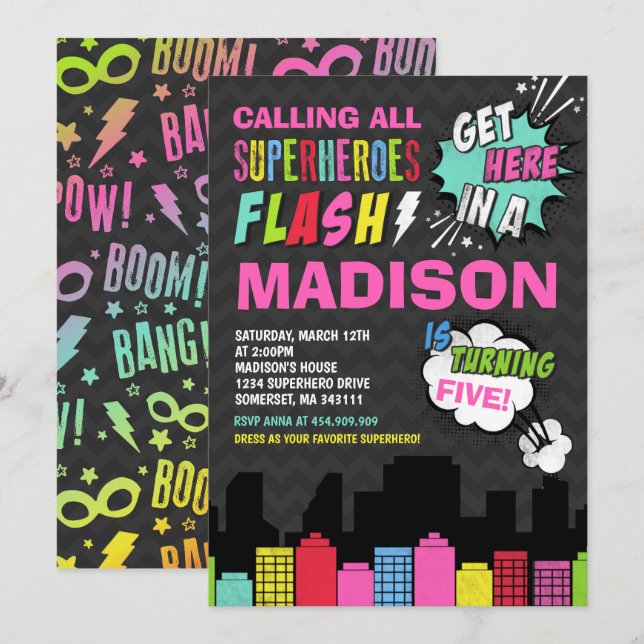 Superhero Birthday Invitation Pink Superhero Party (Front/Back)