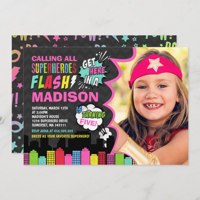 Superhero Birthday Invitation Pink Superhero Party (Front/Back)
