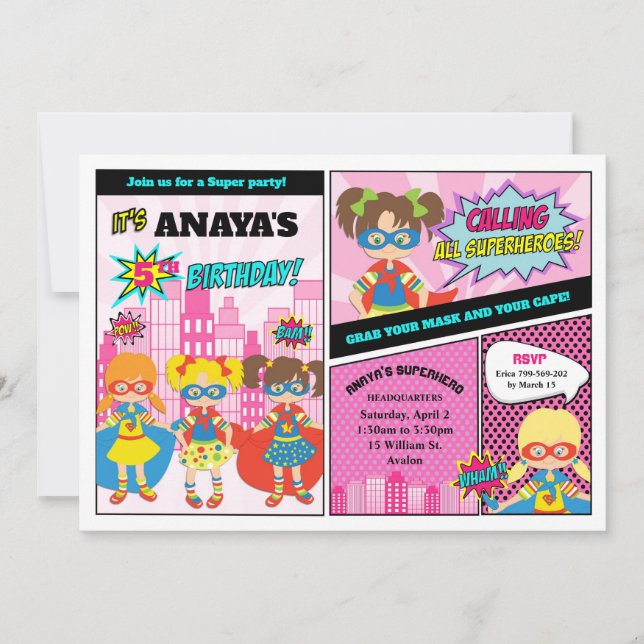 Superhero Birthday Invitation Super Party Girls (Front)