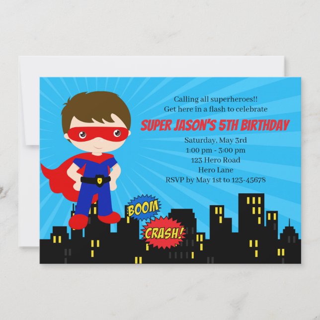 Superhero Birthday Invitations (Blue & Red Mask) (Front)