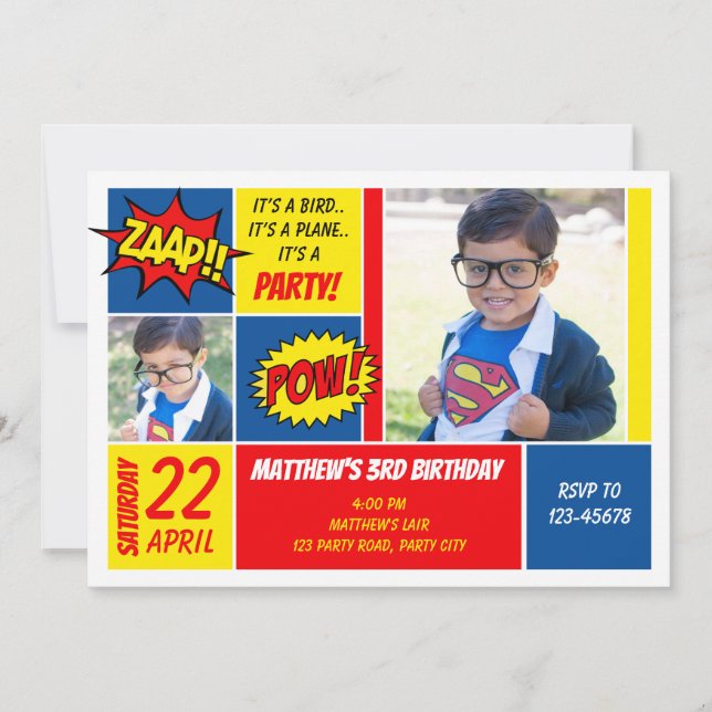 Superhero Birthday Invitations with Photo (Front)