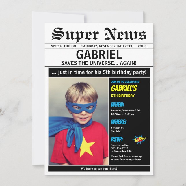 Superhero Birthday Party Boy Girl Picture Photo Invitation (Front)