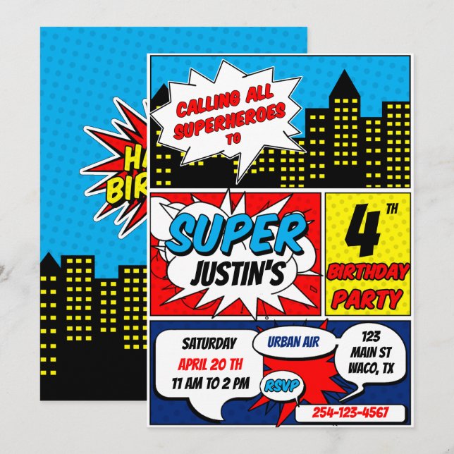 Superhero Birthday Party Invitation (Front/Back)