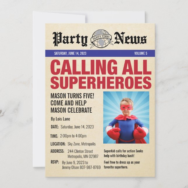 Superhero Birthday Party Photo Invitation • News (Front)