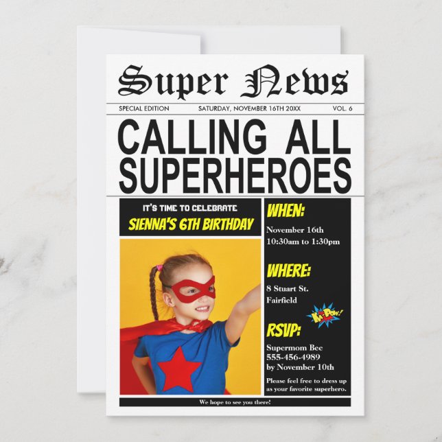 Superhero Birthday Party Super Hero Girl Boy Photo Invitation (Front)