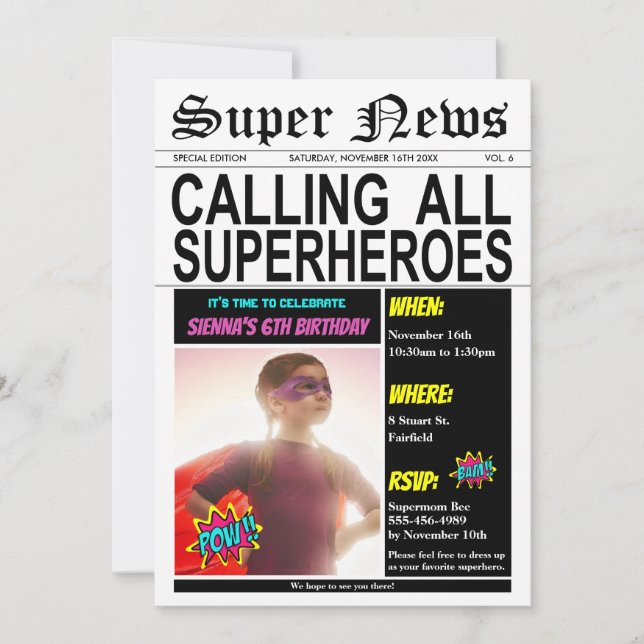 Superhero Birthday Party Super Hero Girl Photo Invitation (Front)