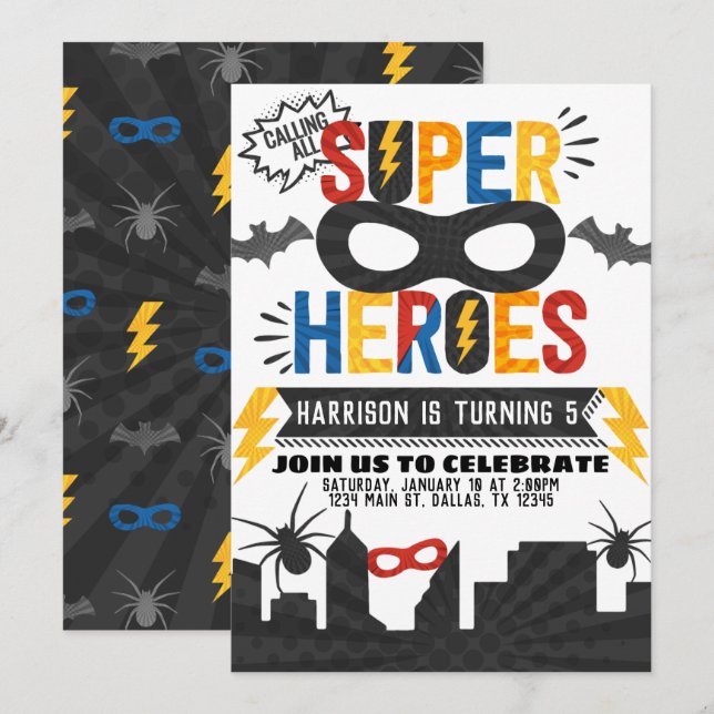 Superhero Birthday Party Themed Invitation (Front/Back)