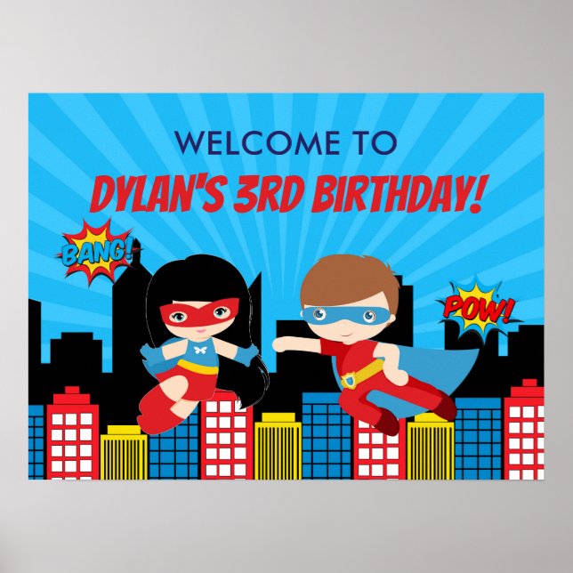 Superhero Birthday Party Welcome Poster Banner (Front)