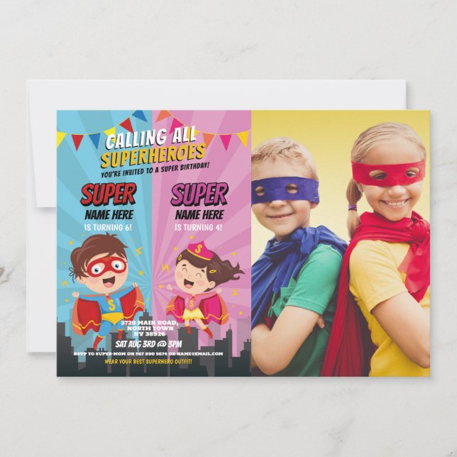 Superhero Birthday Photo Pink Blue Joint Boy Girl Invitation (Front)