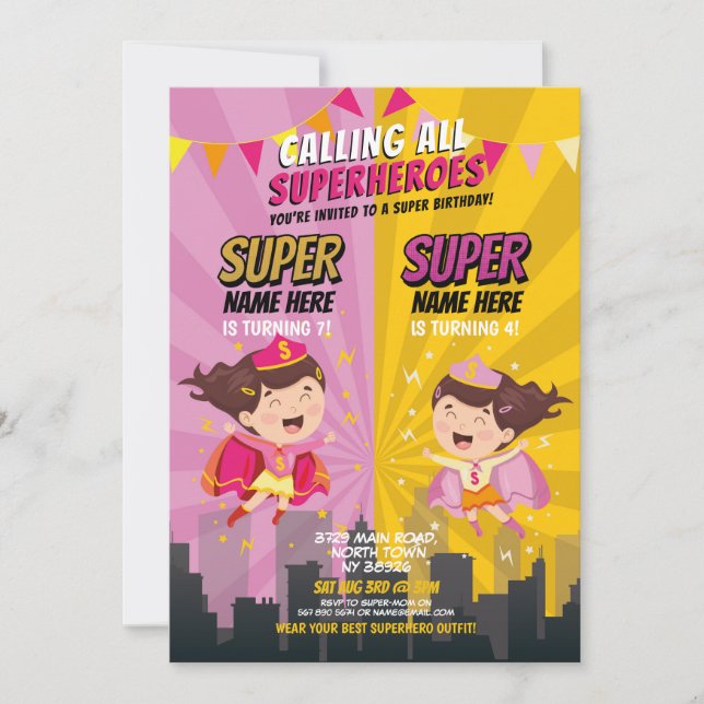 Superhero Birthday Sister Pink Yellow Joint Party Invitation (Front)