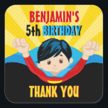 Superhero birthday thank you sticker<br><div class="desc">Superhero boy birthday party Thank you sticker with a superhero clipart.  Easy to customise. Perfect Super hero design for your child's birthday! If you would like to change eye colour,  hair colour,  skin tone or boy / girl on design feel free to contact us.</div>