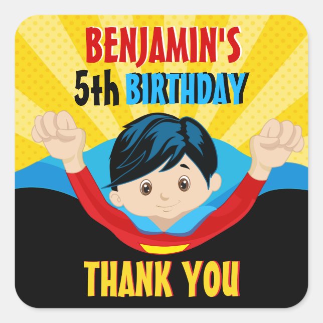 Superhero birthday thank you sticker (Front)