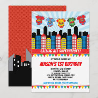 Superhero Boy 1st Birthday Cityscape Comic Party