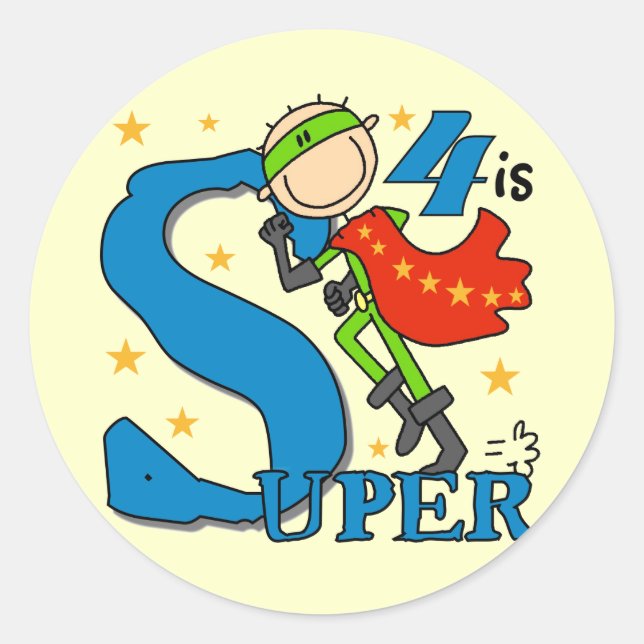 Superhero Boy 4th Birthday Tshirts and Gifts Classic Round Sticker (Front)