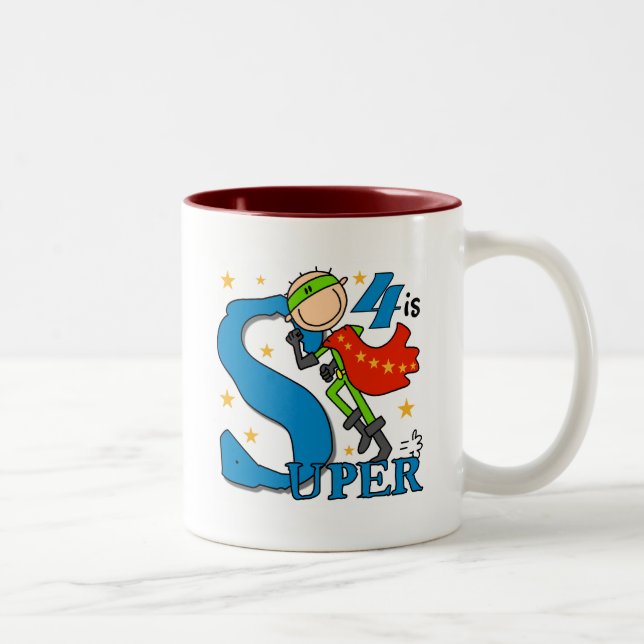 Superhero Boy 4th Birthday Tshirts and Gifts Two-Tone Coffee Mug (Right)