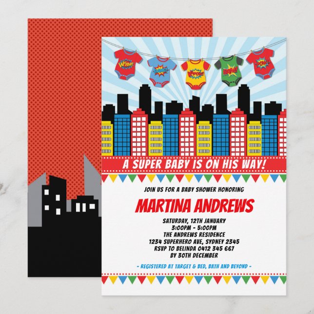 Superhero Boy Baby Shower Cityscape Comic Party Invitation (Front/Back)