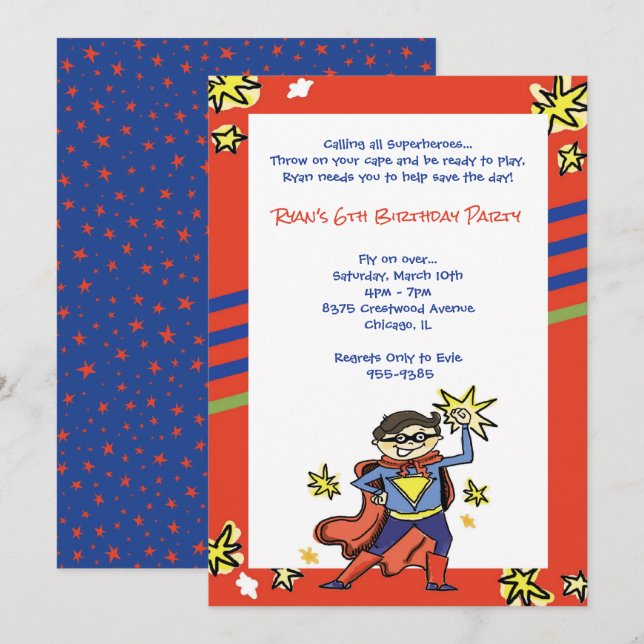 Superhero Boy Brunette Comic Action Hero Party Invitation (Front/Back)